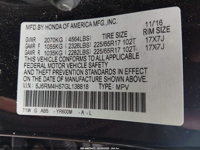 Honda CR-V EX 2016 5J6RM4H57GL138818 Image 9