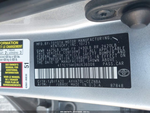 Auction sale of the 2022 Toyota Camry Le, vin: 4T1C11AK0NU636008, lot number: 44670479