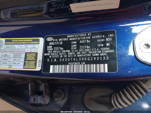 44670480 :رقم المزاد ، 5XXGT4L36KG293133 vin ، 2019 Kia Optima Lx مزاد بيع