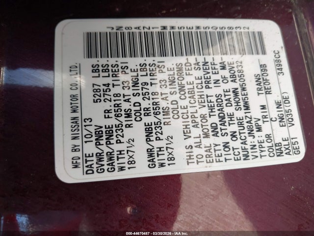 JN8AZ1MW5EW505832 Nissan MURANO SL