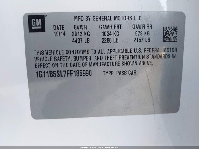 2015 Chevrolet Malibu Ls მანქანა იყიდება აუქციონზე, vin: 1G11B5SL7FF185990, აუქციონის ნომერი: 44670500