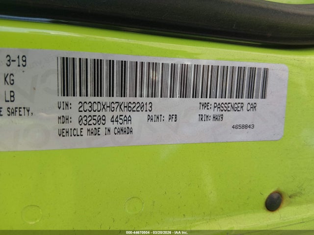Продаж на аукціоні авто 2019 Dodge Charger Gt Rwd, vin: 2C3CDXHG7KH622013, номер лоту: 44670504