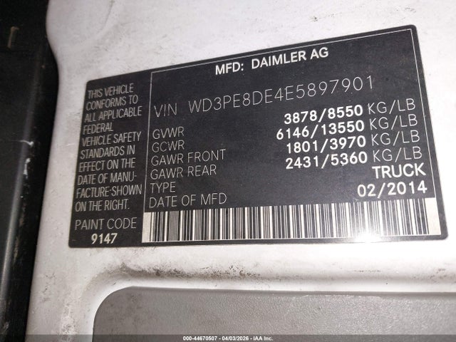 Продажа на аукционе авто 2014 Mercedes-benz Sprinter 2500 High Roof, vin: WD3PE8DE4E5897901, номер лота: 44670507