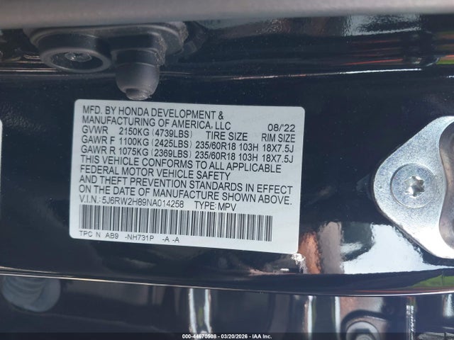 44670508 :رقم المزاد ، 5J6RW2H89NA014258 vin ، 2022 Honda Cr-v Awd Ex-l مزاد بيع