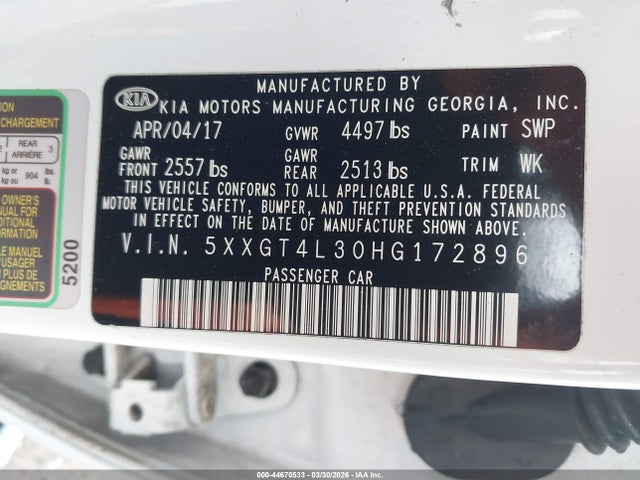 Aukcja sprzedaży 2017 Kia Optima Lx, vin: 5XXGT4L30HG172896, numer aukcji: 44670533