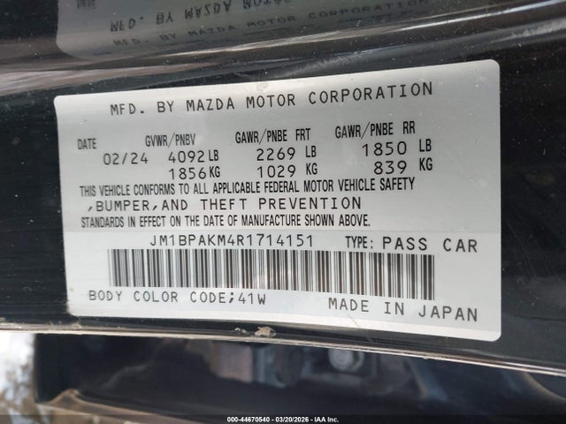 44670540 :رقم المزاد ، JM1BPAKM4R1714151 vin ، 2024 Mazda Mazda3 2.5 S Select Sport مزاد بيع