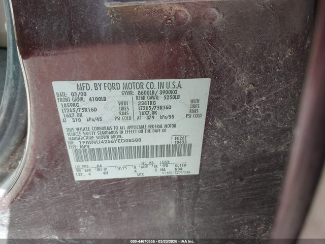 Продаж на аукціоні авто 2000 Ford Excursion Limited, vin: 1FMNU42S6YED08588, номер лоту: 44670556