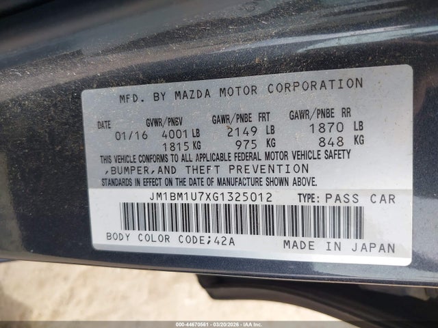 Aukcja sprzedaży 2016 Mazda Mazda3 I Sport, vin: JM1BM1U7XG1325012, numer aukcji: 44670561