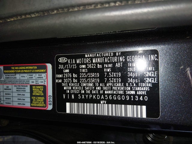 Aukcja sprzedaży 2016 Kia Sorento 3.3l Sxl, vin: 5XYPKDA56GG091340, numer aukcji: 44670566