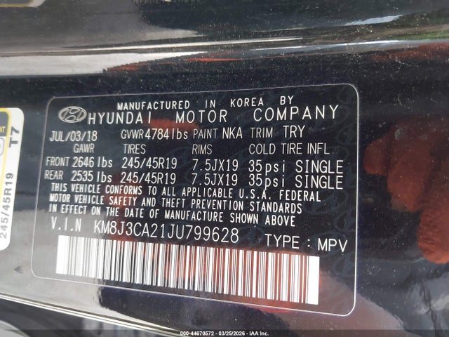 Aukcja sprzedaży 2018 Hyundai Tucson Value, vin: KM8J3CA21JU799628, numer aukcji: 44670572