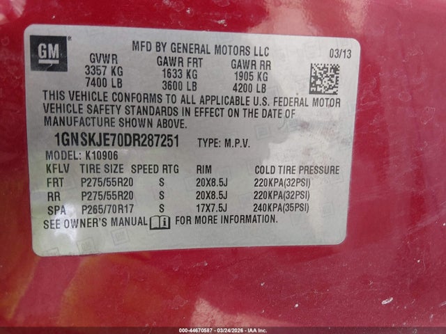 2013 Chevrolet Suburban 1500 Lt მანქანა იყიდება აუქციონზე, vin: 1GNSKJE70DR287251, აუქციონის ნომერი: 44670587