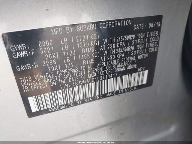 Продаж на аукціоні авто 2020 Subaru Ascent Limited, vin: 4S4WMALD1L3413417, номер лоту: 44670590