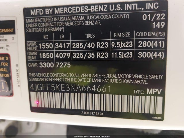 Aukcja sprzedaży 2022 Mercedes-benz Gls 450 4matic, vin: 4JGFF5KE3NA664661, numer aukcji: 44670594