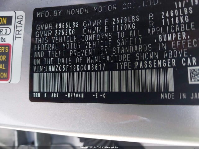 JHMZC5F19KC006617 Honda CLARITY PLUG-IN HYBRID