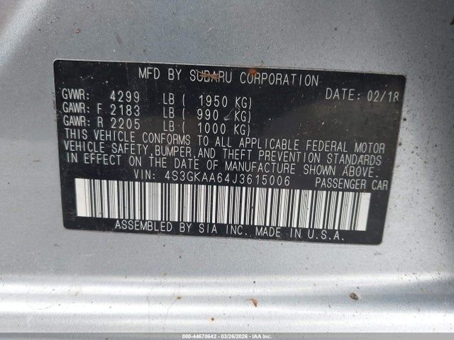 44670642 :رقم المزاد ، 4S3GKAA64J3615006 vin ، 2018 Subaru Impreza 2.0i مزاد بيع