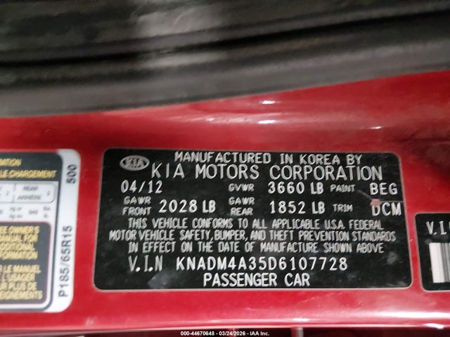 Продаж на аукціоні авто 2013 Kia Rio Lx, vin: KNADM4A35D6107728, номер лоту: 44670648