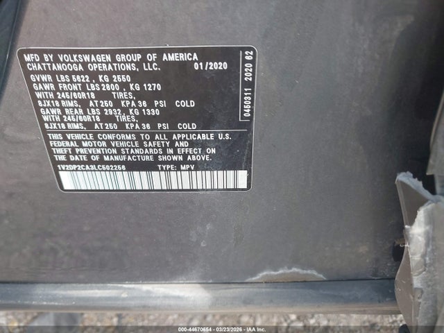 44670654 :رقم المزاد ، 1V2DP2CA3LC502256 vin ، 2020 Volkswagen Atlas 2.0t Se مزاد بيع