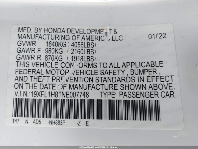 19XFL1H81NE007748 Honda Civic Sport Touring