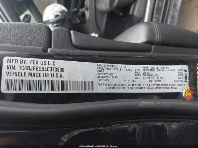 2020 Jeep Grand Cherokee Limited X 4x4 მანქანა იყიდება აუქციონზე, vin: 1C4RJFBG5LC373300, აუქციონის ნომერი: 44670662