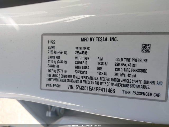 Продажа на аукционе авто 2023 Tesla Model 3 Rear-wheel Drive, vin: 5YJ3E1EA4PF411466, номер лота: 44670671