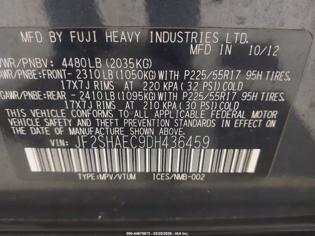 44670673 :رقم المزاد ، JF2SHAEC9DH436459 vin ، 2013 Subaru Forester 2.5x Limited مزاد بيع