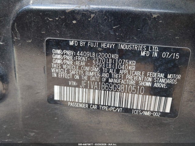 Продаж на аукціоні авто 2016 Subaru Wrx, vin: JF1VA1B69G9810510, номер лоту: 44670677