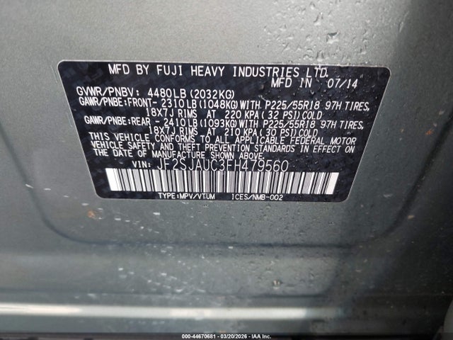 44670681 :رقم المزاد ، JF2SJAUC3FH479560 vin ، 2015 Subaru Forester 2.5i Touring مزاد بيع