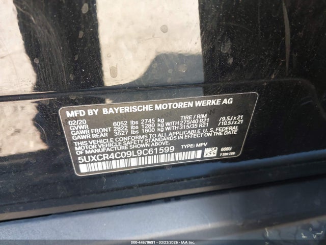 44670691 :رقم المزاد ، 5UXCR4C09L9C61599 vin ، 2020 Bmw X5 Sdrive40i مزاد بيع