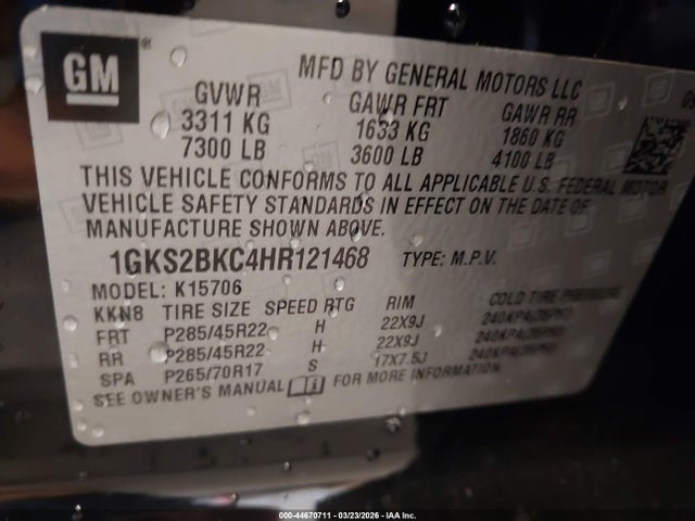 44670711 :رقم المزاد ، 1GKS2BKC4HR121468 vin ، 2017 Gmc Yukon Slt مزاد بيع