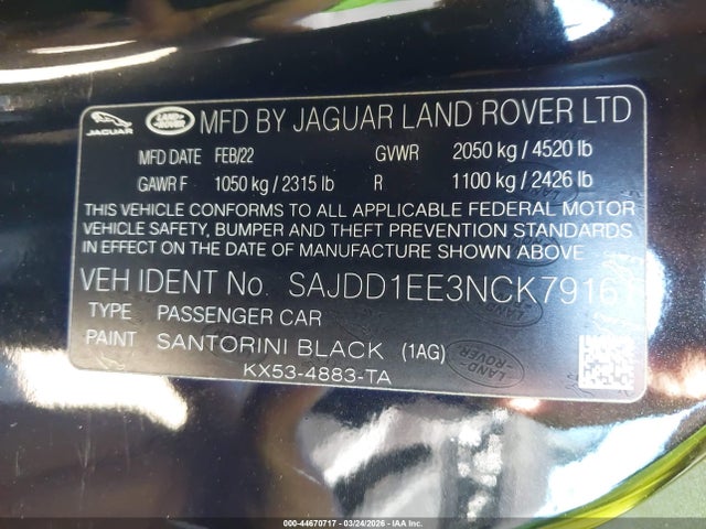 Jaguar F-type P450 Rwd Automatic 2022 SAJDD1EE3NCK79161 Image 9