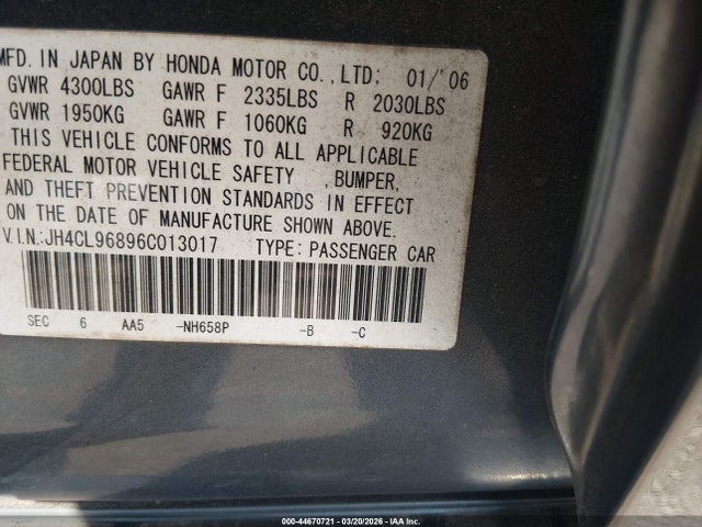 44670721 :رقم المزاد ، JH4CL96896C013017 vin ، 2006 Acura Tsx مزاد بيع