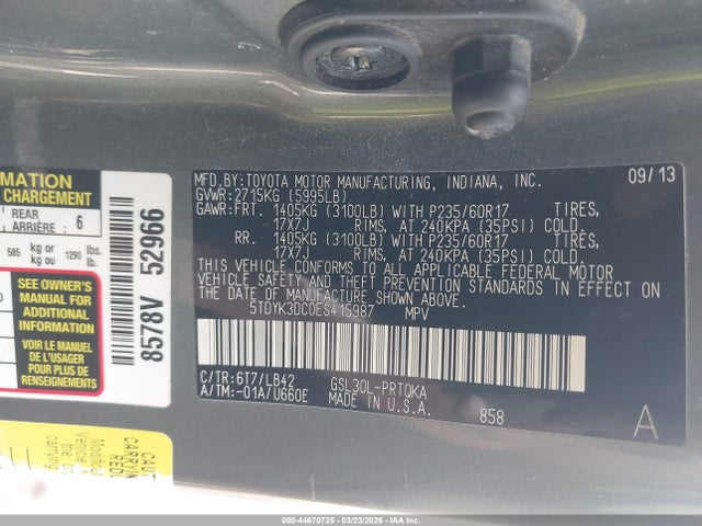5TDYK3DC0ES415987 Toyota Sienna Xle V6 8 Passenger
