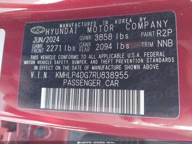 Aukcja sprzedaży 2024 Hyundai Elantra Limited, vin: KMHLP4DG7RU838955, numer aukcji: 44670785