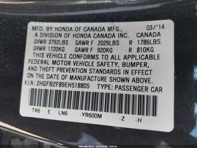 Honda CIVIC EX 2014 2HGFB2F89EH518805 Image 9