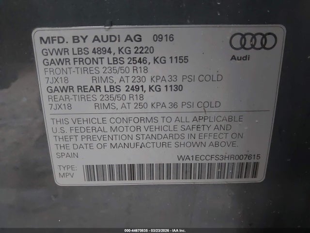 2017 Audi Q3 2.0t Premium მანქანა იყიდება აუქციონზე, vin: WA1ECCFS3HR007615, აუქციონის ნომერი: 44670835