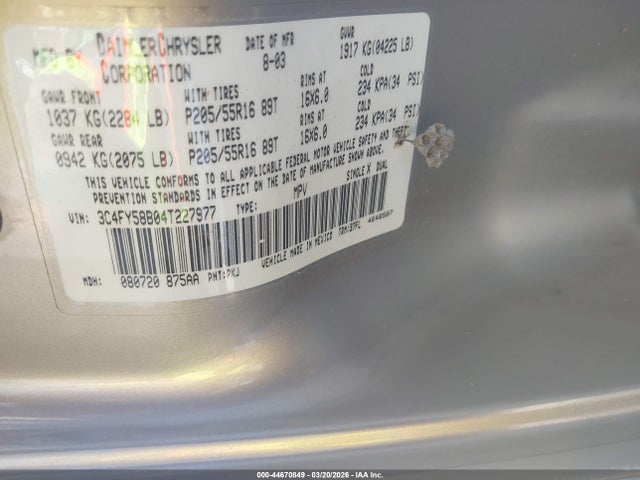 44670849 :رقم المزاد ، 3C4FY58B04T227977 vin ، 2004 Chrysler Pt Cruiser Touring مزاد بيع