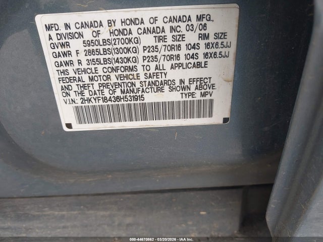 2006 HONDA PILOT 2HKYF18436H531915 Photo 8