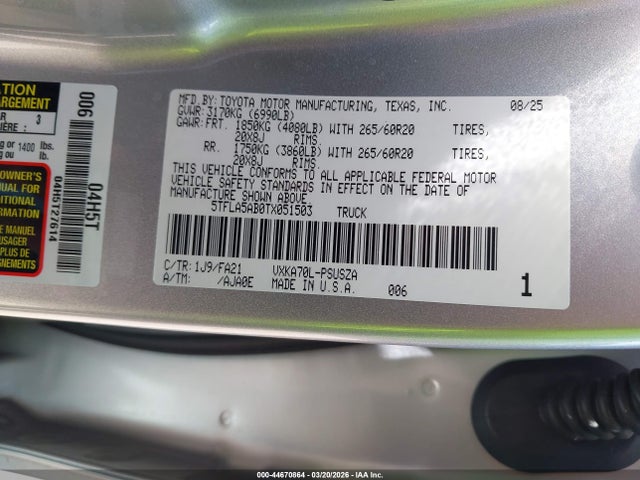 Продажа на аукционе авто 2026 Toyota Tundra Sr5 Crewmax 5.5' Bed, vin: 5TFLA5AB0TX051503, номер лота: 44670864