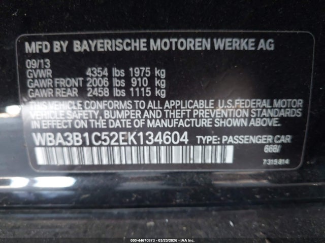 2014 Bmw 320i მანქანა იყიდება აუქციონზე, vin: WBA3B1C52EK134604, აუქციონის ნომერი: 44670873