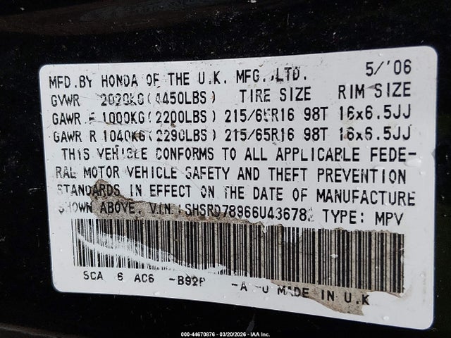2006 HONDA CR-V SHSRD78966U436782 Photo 8