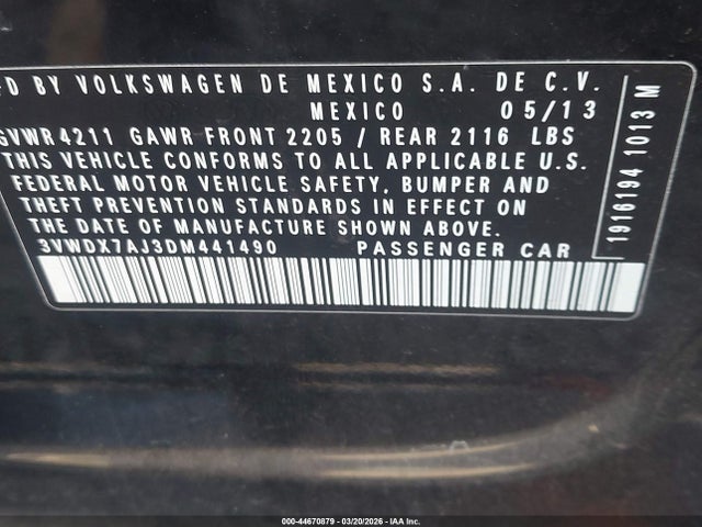 Продаж на аукціоні авто 2013 Volkswagen Jetta 2.5l Se, vin: 3VWDX7AJ3DM441490, номер лоту: 44670879