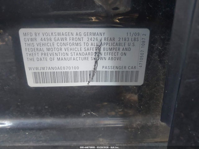 Aukcja sprzedaży 2010 Volkswagen Passat Komfort, vin: WVWJM7AN0AE070100, numer aukcji: 44670900