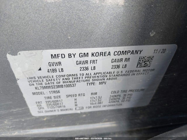 Aukcja sprzedaży 2021 Chevrolet Trailblazer Fwd Ls, vin: KL79MMS23MB100537, numer aukcji: 44670901