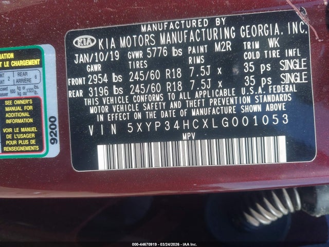 2020 Kia Telluride Ex მანქანა იყიდება აუქციონზე, vin: 5XYP34HCXLG001053, აუქციონის ნომერი: 44670919
