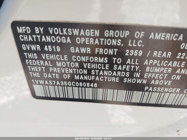 Продажа на аукционе авто 2016 Volkswagen Passat 1.8t R-line, vin: 1VWAS7A35GC060846, номер лота: 44670934