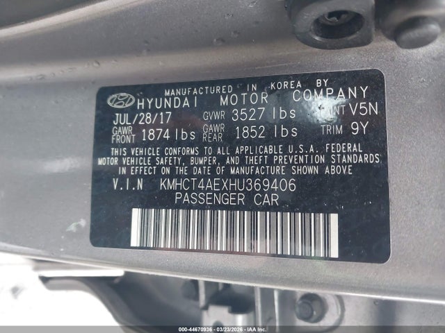 KMHCT4AEXHU369406 Hyundai ACCENT SE