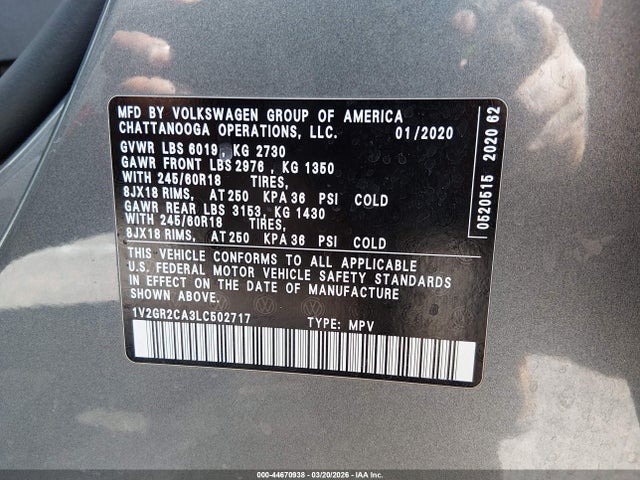 Aukcja sprzedaży 2020 Volkswagen Atlas 3.6l V6 S, vin: 1V2GR2CA3LC502717, numer aukcji: 44670938