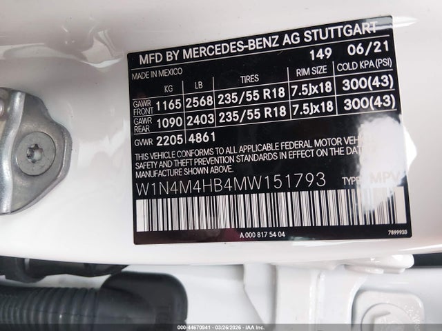 44670941 :رقم المزاد ، W1N4M4HB4MW151793 vin ، 2021 Mercedes-benz Glb 250 4matic مزاد بيع