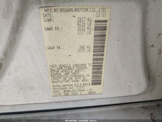 1N4AL3APXGN322303 Nissan Altima 2.5 Sr