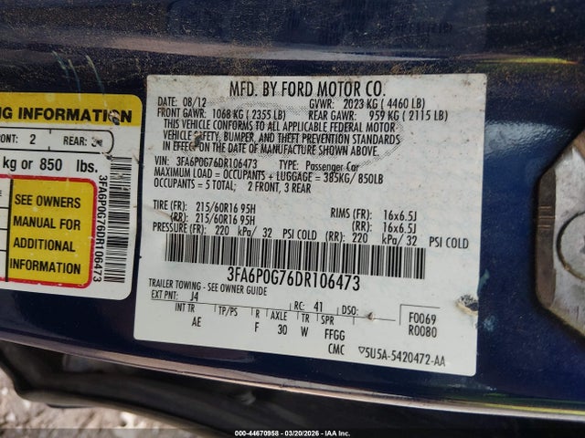 2013 FORD FUSION 3FA6P0G76DR106473 Photo 8